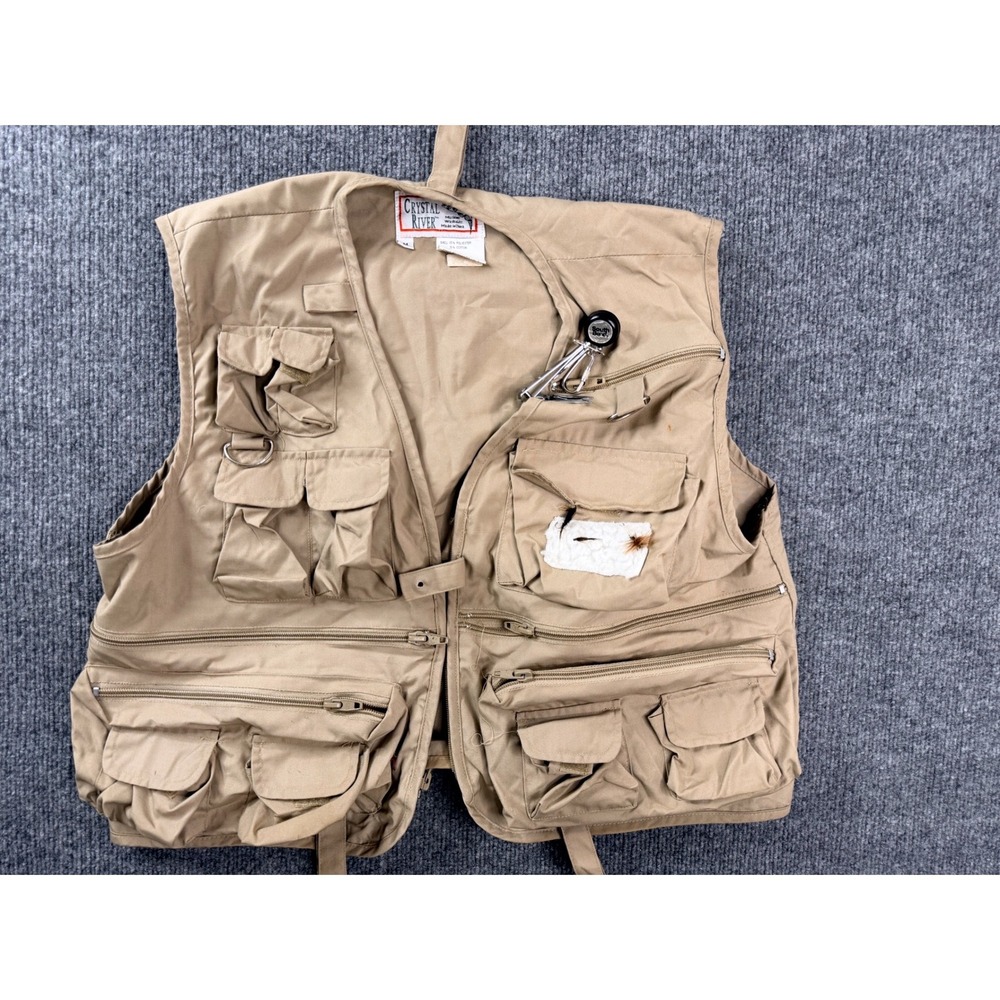 Crystal River Mens Medium Khaki Tan Fly Fishing Vest Multi Pocket Utility Y2K